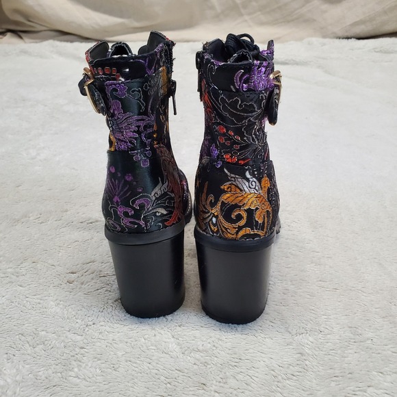 Diba Black Floral Embroidered Combat Heeled Ankle Boots 8 Asian Whimsigoth Glam - Picture 5 of 12